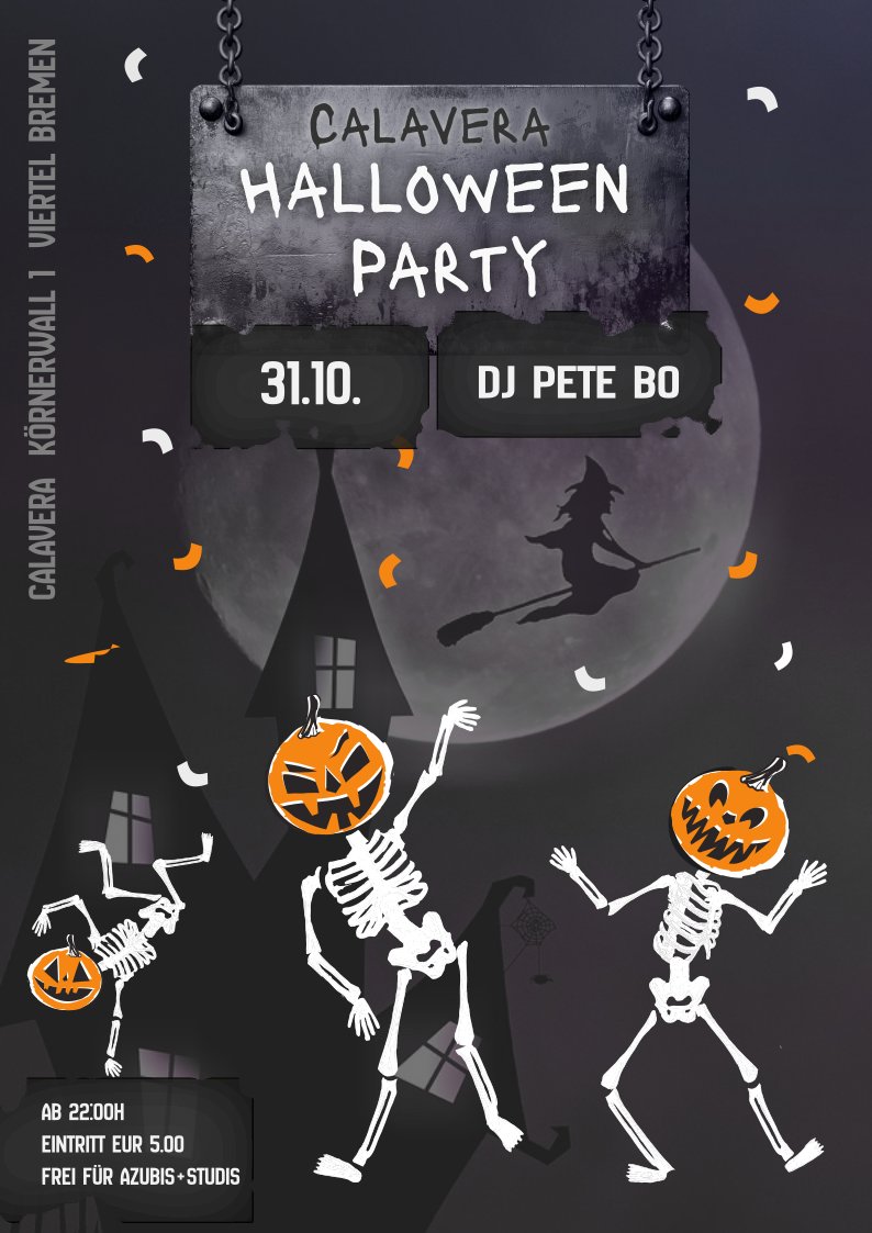 Halloween Party mit einem Schloss im Hintergrund. Vor einem großen Vollmond fliegt eine Hexe entlang. Im Vordergrund sind drei Skelette mit Kürbisköpfen.
