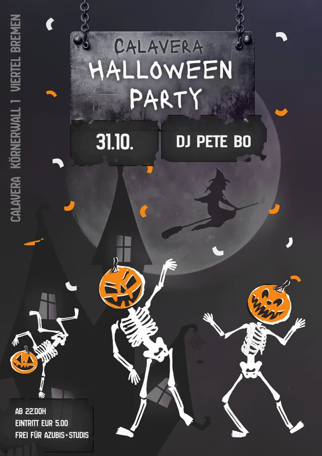 Halloween Party mit einem Schloss im Hintergrund. Vor einem großen Vollmond fliegt eine Hexe entlang. Im Vordergrund sind drei Skelette mit Kürbisköpfen.